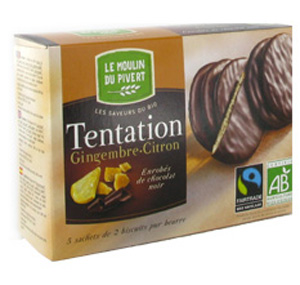 Бисквиты Tentation Gingembre Citron с начинкой имбирь/лимон, покрытые черным шоколадом, 130г ― Сеть магазинов "La Bio". Интернет-магазин биопродуктов.