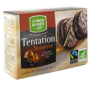 Бисквиты Tentation Noisette с начинкой из лесного ореха, покрытые черным шоколадом, 130г ― Сеть магазинов "La Bio". Интернет-магазин биопродуктов.